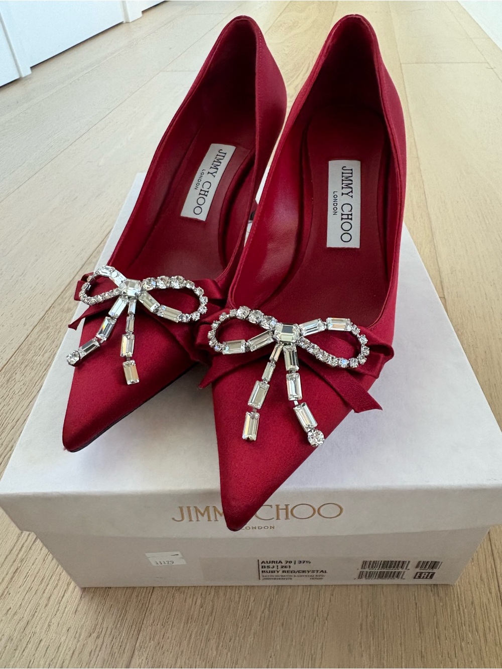 Jimmy Choo Red Satin Pointed Toe Pumps with Crystal Bow